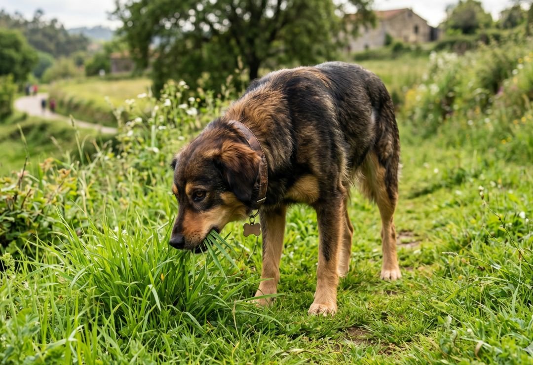Perro comiendo pasto en el parque